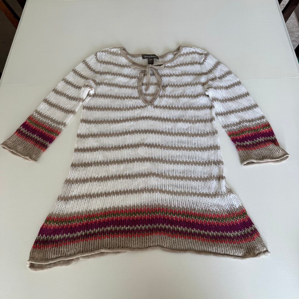 Tommy Bahama Women's Striped Open Knit Linen Cotton Tunic Dress Swim Resort Med